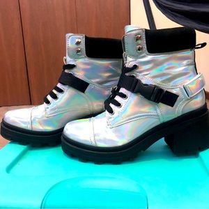 Silver holographic short platform combat boots